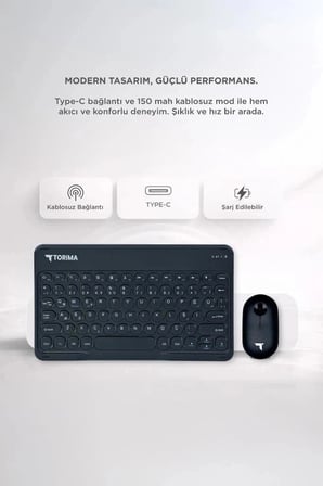 Torima Bluetooth Kablosuz Klavye Mouse Seti TMK08 Siyah Masaüstü Set Ofis Düzeni Çalışma Aracı