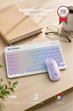 Özel Seri Torima Kablosuz Klavye Mouse Seti TMK09 Mor Donanım Masaüstü Fare