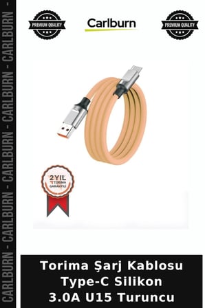 Premium Torima Şarj Kablosu Type-C Silikon 3.0A U15 Turuncu Elektronik Aktarım Mobil