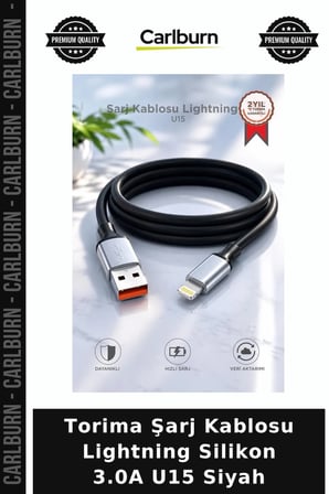 Özel Seri Torima Şarj Kablosu Lightning Silikon 3.0A U15 Siyah Bağlantı Elektronik Seyahat
