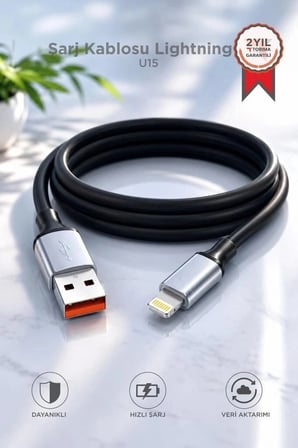 Özel Seri Torima Şarj Kablosu Lightning Silikon 3.0A U15 Siyah Bağlantı Elektronik Seyahat