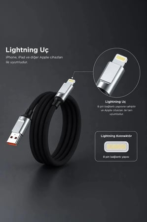 Özel Seri Torima Şarj Kablosu Lightning Silikon 3.0A U15 Siyah Bağlantı Elektronik Seyahat