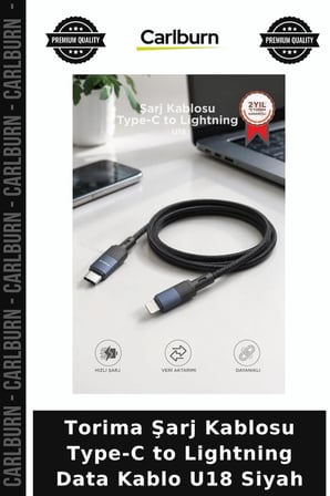 Özel Üretim Torima Şarj Kablosu Type-C to Lightning Data Kablo U18 Siyah Ofis Aktarım Seyahat