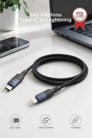 Özel Üretim Torima Şarj Kablosu Type-C to Lightning Data Kablo U18 Siyah Ofis Aktarım Seyahat