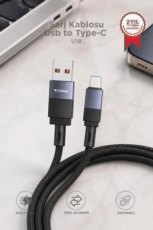 Torima Şarj Kablosu Usb to Type-C Data Kablo U18 Siyah Dijital Araç Günlük İhtiyaç Elektronik Parça
