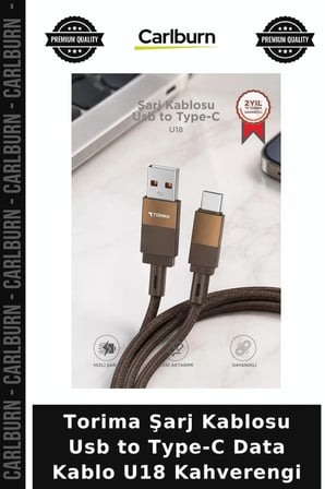 Torima Şarj Kablosu Usb to Type-C Data Kablo U18 Kahverengi Günlük Kullanım Teknoloji Ürünü