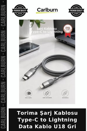 Premium Torima Şarj Kablosu Type-C to Lightning Data Kablo U18 Gri Cep Aksesuarı Teknik Parça