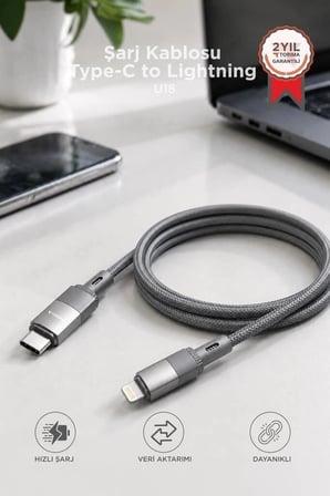 Premium Torima Şarj Kablosu Type-C to Lightning Data Kablo U18 Gri Cep Aksesuarı Teknik Parça
