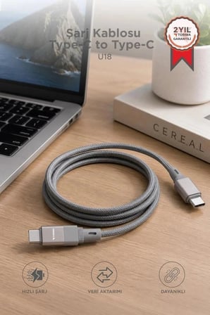 Özel Seri Torima Şarj Kablosu Type-C to Type-C Data Kablo U18 Gri Mobil Aksesuar Ofis Teli