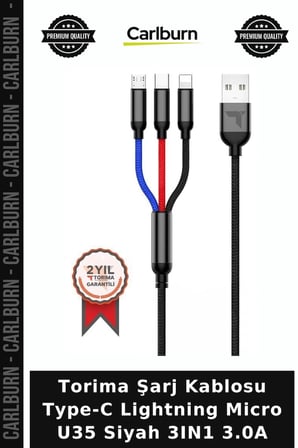 Torima Şarj Kablosu Type-C Lightning Micro U35 Siyah 3IN1 3.0A Cihaz Aparatı Gereç Hızlı Kablo