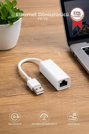 Torima Ethernet Dönüştürücü USB 2.0 Çevirici Adaptörü YD75 Beyaz Hızlı Bilgisayar Pratik