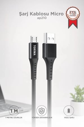 Özel Üretim Torima Şarj Kablosu Micro 2.4A Halat Data Kablo AP210 Siyah Taşıma Aktarım Veri
