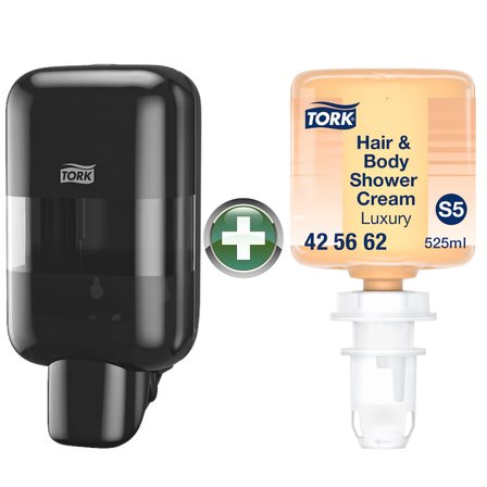 Tork Mini S5 Siyah Sıvı Sabun ve Dezenfektan Dispenseri (565208) + 525 ml Premium Şampuan Hediyeli