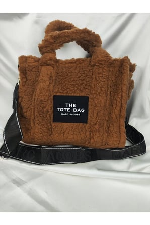 Kahverengi Peluş Teddy Yazılı Etiketli Geniş Omuz Askılı Tote Bag