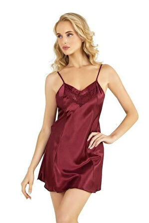 Bordo Kısa Saten Gecelik 8231