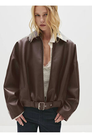 Trend Viral Kemer Detaylı Oversize Deri Ceket