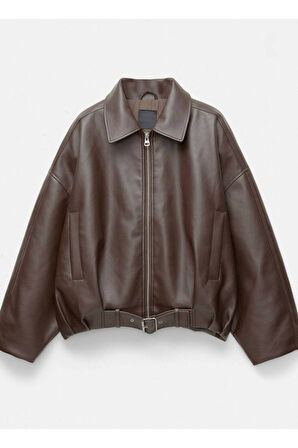 Trend Viral Kemer Detaylı Oversize Deri Ceket