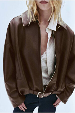 Trend Viral Kemer Detaylı Oversize Deri Ceket