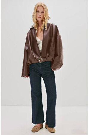 Trend Viral Kemer Detaylı Oversize Deri Ceket