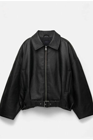 Trend Viral Kemer Detaylı Oversize Deri Ceket