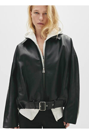 Trend Viral Kemer Detaylı Oversize Deri Ceket