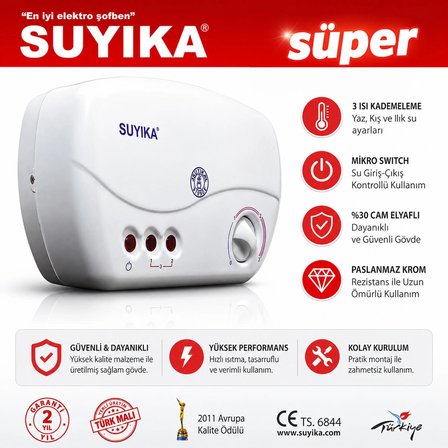 Suyıka Elektrikli Şofben Ani Su Isıtıcı Beyaz 7500 W 3 Kademeli