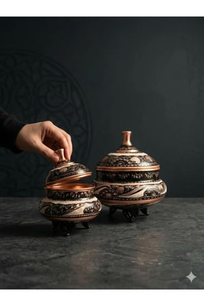 Eski Usul El İşlemesi Keski Motifli Bakır Şekerlik ve Lokumluk - Kapaklı 3 Ayaklı Bakır Kase 2'li Set - (BAKIR BİLEKLİK HEDİYEDİR !!!) Siyah