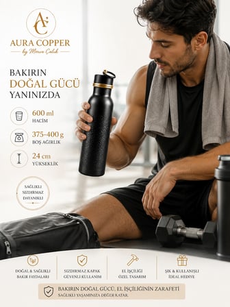  Kalın Bakır Matara – 600 ml El İşçiliği Suluk - Su Saklama Şişesi Siyah