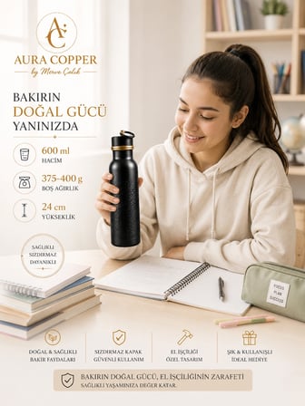 Aura Copper Kalın Bakır Matara Siyah 600 ml El İşçiliği