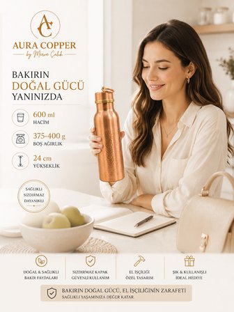  Kalın Bakır Matara – 600 ml El İşçiliği Suluk - Su Saklama Şişesi Bakır Renk
