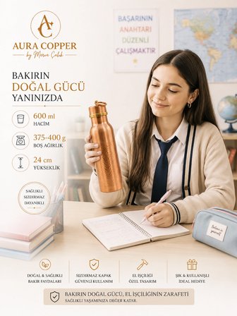  Kalın Bakır Matara – 600 ml El İşçiliği Suluk - Su Saklama Şişesi Bakır Renk