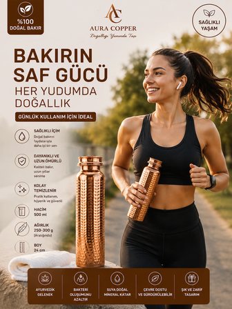 El İşçiliği Bakır Matara 500 ml – Günlük, Spor, Okul ve Ofis Kullanımına Uygun Bakır Su Şişesi - Suluk