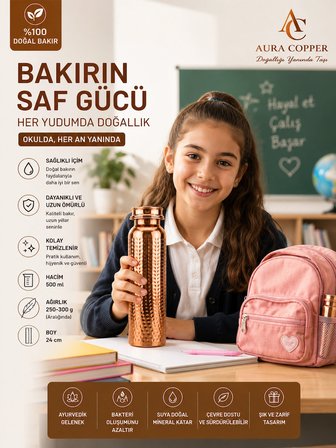 El İşçiliği Bakır Matara 500 ml – Günlük, Spor, Okul ve Ofis Kullanımına Uygun Bakır Su Şişesi - Suluk