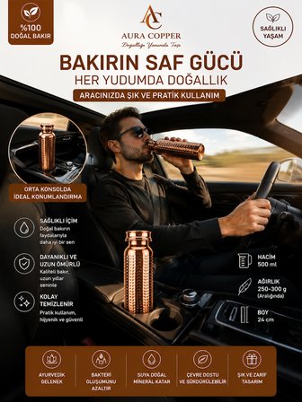El İşçiliği Bakır Matara 500 ml – Günlük, Spor, Okul ve Ofis Kullanımına Uygun Bakır Su Şişesi - Suluk