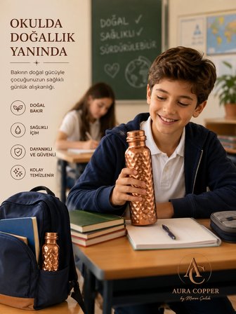 El İşçiliği Bakır Matara 500 ml – Günlük, Spor, Okul ve Ofis Kullanımına Uygun Bakır Su Şişesi - Suluk