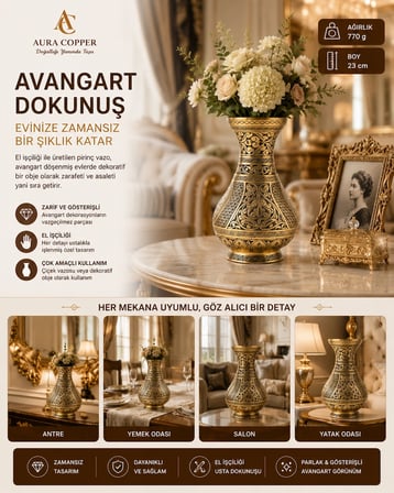 El İşlemeli Eskitme Desenli Bakır & Gold Sarı Pirinç Vazo 23 cm – El İşçiliği Dekoratif Salon Mutfak Konsol Çiçeklik ve Ofis Vazosu Obje