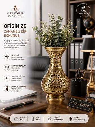 El İşlemeli Eskitme Desenli Bakır & Gold Sarı Pirinç Vazo 23 cm – El İşçiliği Dekoratif Salon Mutfak Konsol Çiçeklik ve Ofis Vazosu Obje