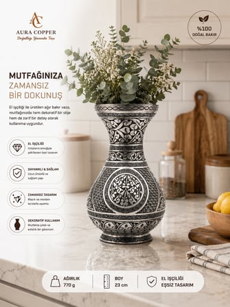 El İşlemeli Eskitme Desenli Bakır & Gold Sarı Pirinç Vazo 23 cm – El İşçiliği Dekoratif Salon Mutfak Konsol Çiçeklik ve Ofis Vazosu Obje