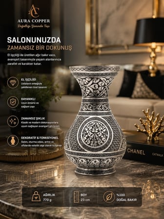 El İşlemeli Eskitme Desenli Bakır & Gold Sarı Pirinç Vazo 23 cm – El İşçiliği Dekoratif Salon Mutfak Konsol Çiçeklik ve Ofis Vazosu Obje