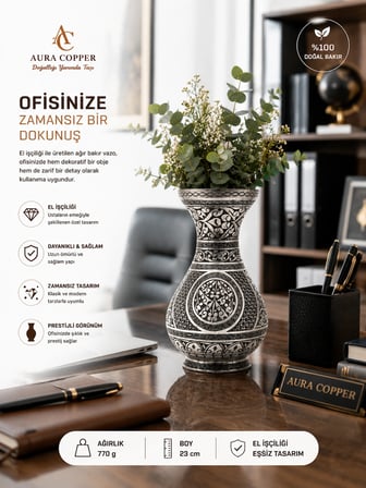 El İşlemeli Eskitme Desenli Bakır & Gold Sarı Pirinç Vazo 23 cm – El İşçiliği Dekoratif Salon Mutfak Konsol Çiçeklik ve Ofis Vazosu Obje