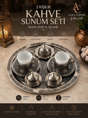 2 Kişilik Bakır Kahve Sunum Seti El İşlemeli Tepsili Türk Kahvesi Fincan Takımı -Ağır El İşleme Mat