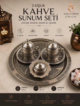 2 Kişilik Bakır Kahve Sunum Seti El İşlemeli Tepsili Türk Kahvesi Fincan Takımı -Ağır El İşleme Mat