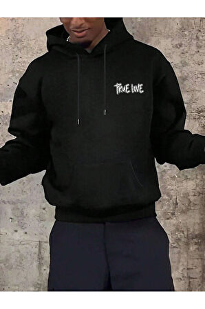 True Love Ön/Arka Baskılı Unisex Siyah Kanguru Cepli Kapüşonlu Sweatshirt Hoodie | M