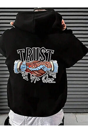 Trust No One Ön Arka Baskılı Unisex Siyah Kanguru Cepli Kapüşonlu Sweatshirt Hoodie | M