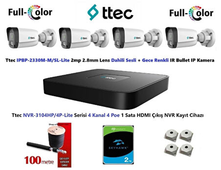 Ttec 2mp Dahili Sesli Ve Gece Renkli 4 Kameralı 2TB Disk Tak Çalıştır Hazır IP Kamera Seti