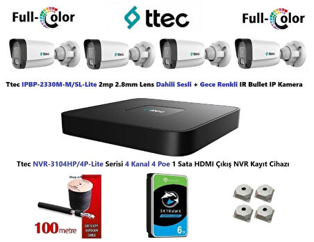 Ttec 2mp Dahili Sesli Ve Gece Renkli 4 Kameralı 6TB Disk Tak Çalıştır Hazır IP Kamera Seti
