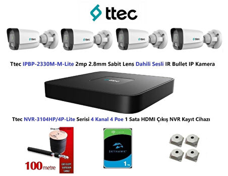 Ttec 2mp Mikrofonlu 4 Kameralı 1TB Disk Tak Çalıştır Hazır IP Kamera Seti