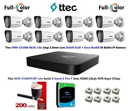 Ttec 2mp Dahili Sesli Ve Gece Renkli 8 Kameralı 4TB Disk Tak Çalıştır Hazır IP Kamera Seti