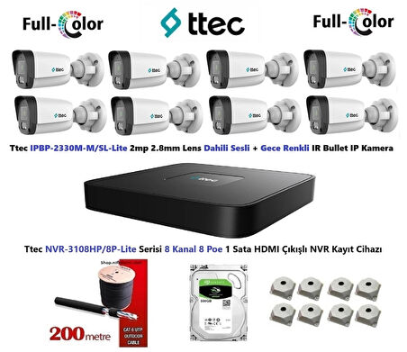 Ttec 2mp Dahili Sesli Ve Gece Renkli 8 Kameralı 500GB Disk Tak Çalıştır Hazır IP Kamera Seti