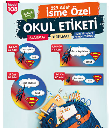 Okul Etiketi Süpermen Temalı Kalem Defter Etiketi Özel İsim Yazılabilen Etiket Seti - İsim Etiketi-T1021-OE108